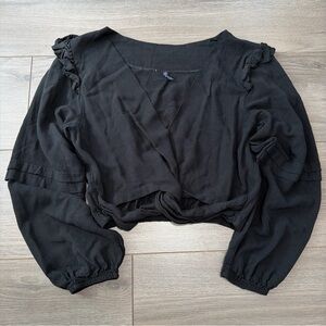 Black V-Neck Cropped Long-Sleeve Women's Top